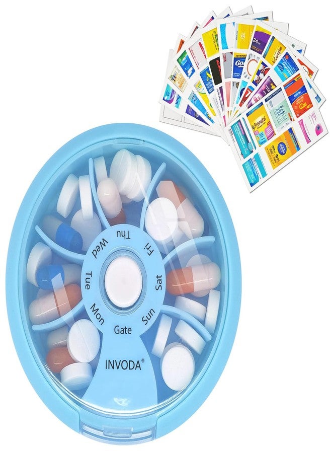INVODA Weekly Pill Organizer with 77 Pre-Cut Medication Labels – 7 Compartment Rotating Medicine Box Daily Pill Case for Vitamins, Fish Oil & Prescriptions – BPA-Free Plastic – Compact Travel Size - Image 1
